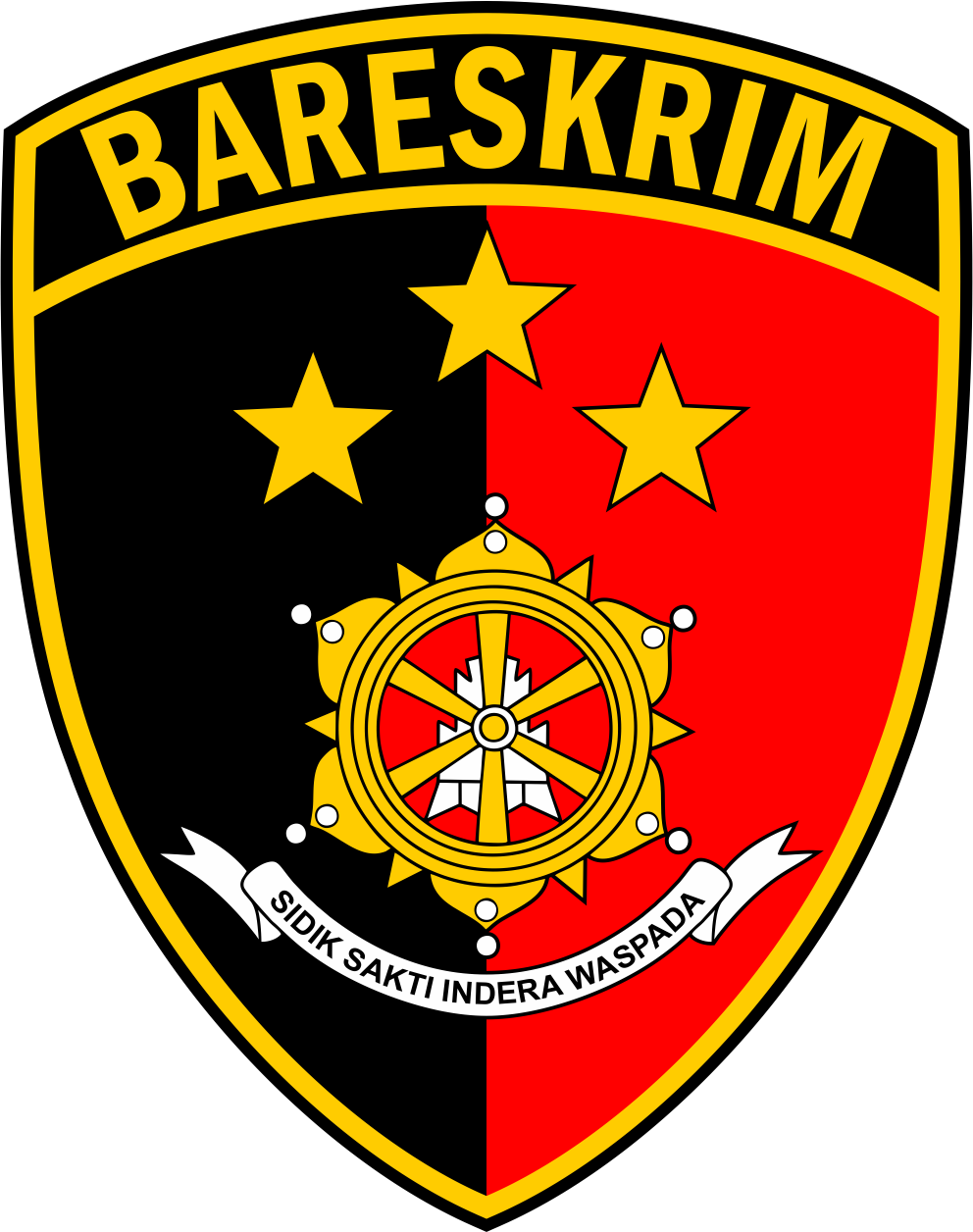 Shield logo with black and red sections and golden text